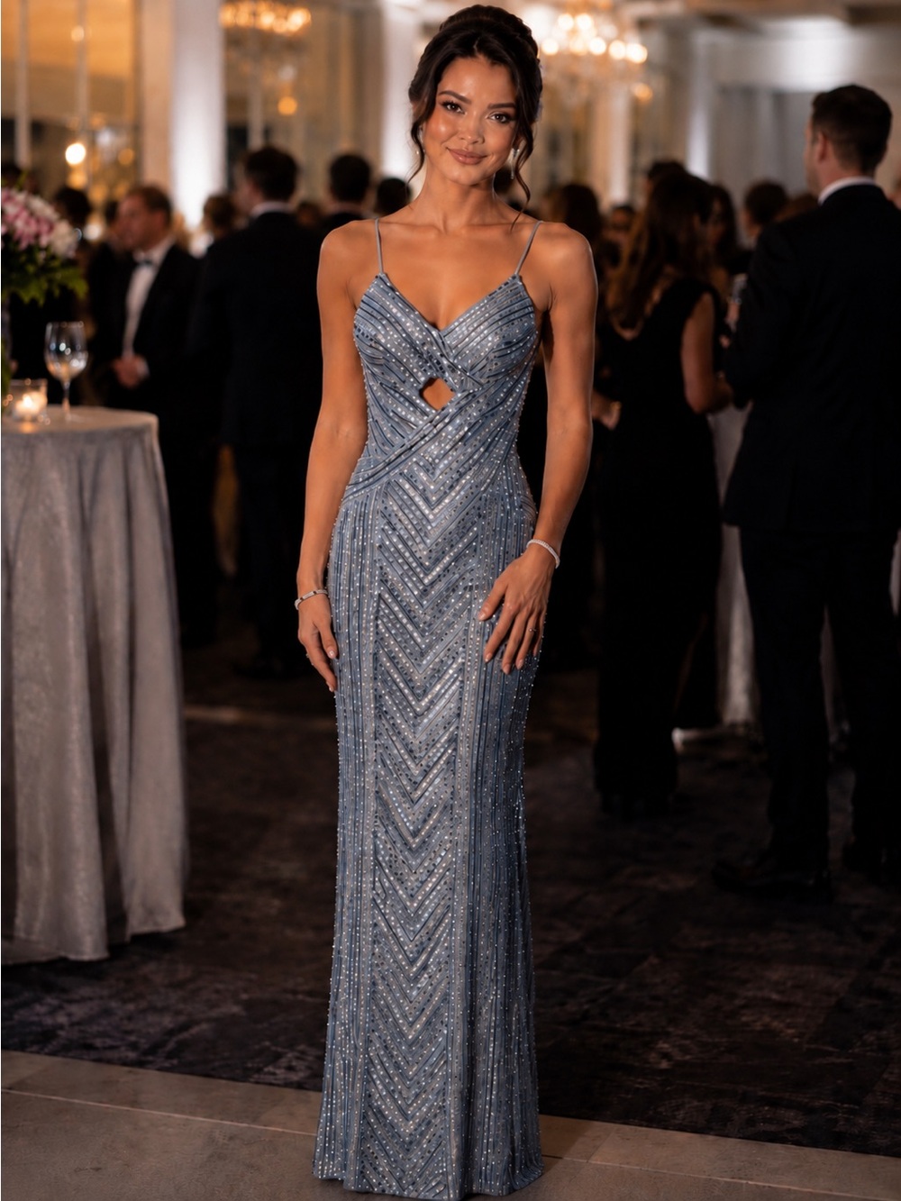 City Studio Sequin Cutout Gown Formal Dress Blue Silver Size Small